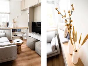 two images of a living room with a couch and a tv at Luxury & design with sea view in Kühlungsborn