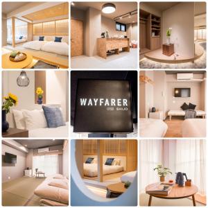 a collage of photos of a hotel room at Wayfarer Kyoto Shijo in Kyoto