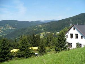 une maison blanche au sommet d'une colline avec des arbres dans l'établissement Jaroslav Sevcik mountain hut, à Strážné