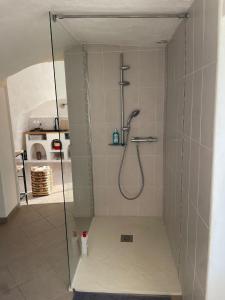 een douche met een glazen deur in de badkamer bij Logement troglodyte tout confort 42 min tgv Paris in Naveil