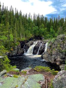 una cascata in mezzo ad un fiume con alberi di Vemdalsskalets Gräddhylla a Vemdalen