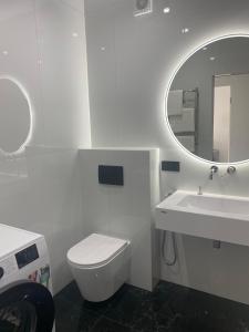 Un baño con inodoro, lavabo y espejo. en ВІП Апартаменти в районі автовокзалуЖК Great House,ЖК Арена,ПОБЛИЗУ ОБЛАСНОІ ЛІКАРНІ, en Rivne