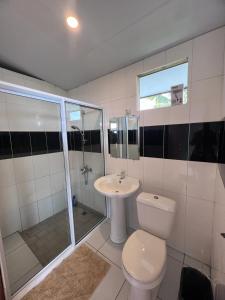 a bathroom with a toilet and a shower and a sink at Havae Lodge in Teahupoo