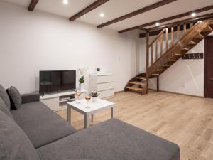 a living room with a couch and a tv at Comfortable holiday homes for 6 people in Lędzin