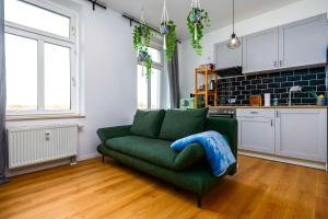 a green couch in a living room with a kitchen at Kernsaniert-Küche-Parkplatz-Designerbad-Netflix in Leipzig