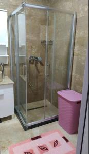 y baño con ducha y puerta de cristal. en Apartman M&M en Travnik