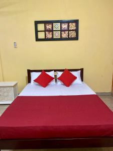 a bedroom with a large bed with red pillows at Dhee Ayurveda Villa in Malabe