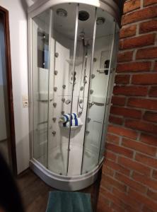 a glass shower in a room with a brick wall at Für Alleinreisende-1 Person- Single Room- Rustikales freistehendes Mini Holzfass zum Schlafen, mit angrenzendem Badezimmer! in Leverkusen
