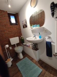 a bathroom with a sink and a toilet and a mirror at Für Alleinreisende-1 Person- Single Room- Rustikales freistehendes Mini Holzfass zum Schlafen, mit angrenzendem Badezimmer! in Leverkusen