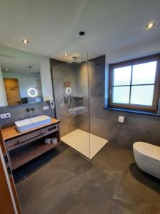 ein Bad mit einer Dusche, einem Waschbecken und einem WC in der Unterkunft Appartements Hochödlehen in Schönau am Königssee