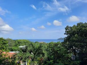 a view of the ocean from a resort with trees at Tandif Villa Sea View in Takamaka