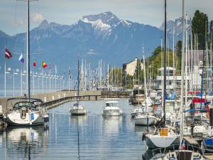 een stel boten aangemeerd in een jachthaven met bergen bij Royal Park lake view apartment in Évian-les-Bains