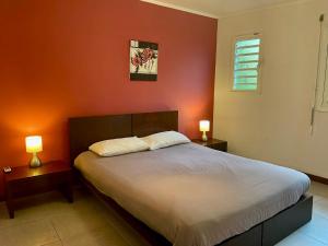 a bedroom with a large bed with two lamps on tables at chez Gérald in Noumea