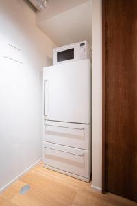a white refrigerator with a microwave on top of it at MANGA ART HOTEL, BAKUROCHO in Tokyo +44 photos