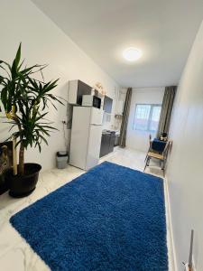 a living room with a blue rug and a refrigerator at Apartament zona de case-rezidențiala 2 km de Vivo Mall,curte privata in Baia Mare