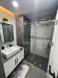 een badkamer met een glazen douche en een wastafel bij Kass Towers, Studio Apartment in Accra