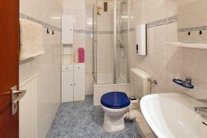 La salle de bains est pourvue de toilettes, d'une douche et d'un lavabo. dans l'établissement Ferienwohnung-Seetempel-Wohnung-Nr-29, à Scharbeutz