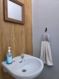 a bathroom with a white sink and a mirror at Villa Montaview Puncak (Mountain View Cottage) in Gadok 1