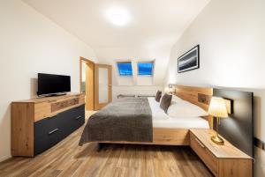 een slaapkamer met een groot bed en een televisie bij Pihel Apartments in Nový Bor