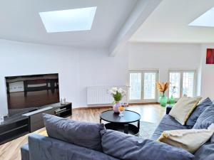 ein Wohnzimmer mit einem Sofa und einem TV in der Unterkunft Großes modernes Loft mit Tischkicker und Billiard in Uni und Klinik Nähe in Magdeburg