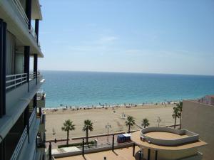 a view of a beach with palm trees and the ocean at Alpen1 Picasso in Peniscola