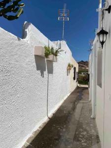 um beco com uma parede branca com plantas em La casita de la abuela María em Almeria