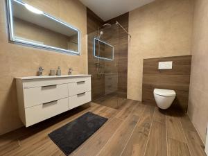 a bathroom with a toilet and a sink and a shower at 33 Apartments in Orechová Potôň +18 photos
