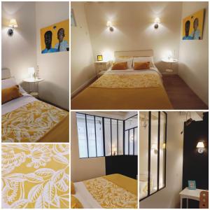 un collage de quatre photos d'une chambre dans l'établissement Duplex 60 m2 bord de Loire, à Blois