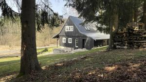 une maison noire avec une pile de bûches dans l'établissement Izerína Cottage, à Horní Maxov