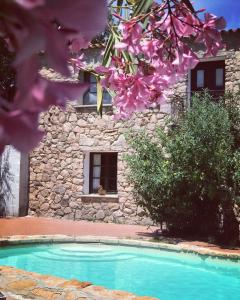 a stone building and a swimming pool with pink flowers at Agriturismo Il Muto di Gallura in Aggius