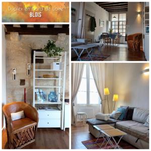 un collage de trois photos d'un salon et d'une salle à manger dans l'établissement Duplex 60 m2 bord de Loire, à Blois