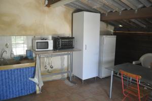 a kitchen with a counter with a microwave and a table at La ferme de tonton Jules et mamé Julia in Entraigues-sur-la-Sorgue