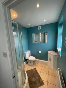 een blauwe badkamer met een toilet en een douche bij Guest Suite in Porthleven With Private Garden in Helston
