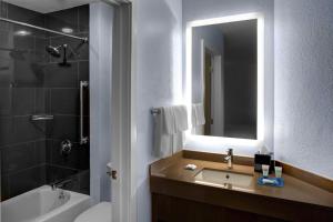 a bathroom with a sink and a tub and a mirror at Hyatt House Sterling/Dulles Airport North in Sterling
