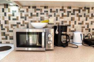 a microwave on a kitchen counter with a bowl on it at potami appts in Áno Yerakaríon