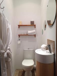 a white bathroom with a toilet and a sink at Belle maison, 3 chambres,avec un bassin, un jardin , dans le centre historique in Montpellier