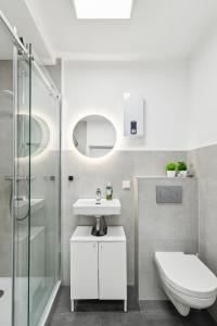 La salle de bains est pourvue de toilettes, d'un lavabo et d'une douche. dans l'établissement Moderne, Zentrale und Gemütliche Unterkunft, à Coblence