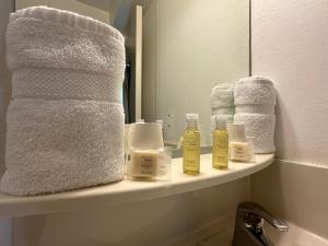 a bathroom shelf with towels and bottles of soap at HAVANA Hôtel in Sens +32 photos