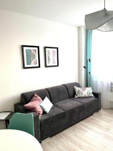 a living room with a black couch with pillows at Diamond Apartman Tatabanya in Tatabánya