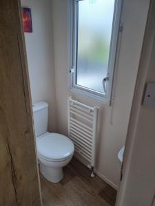a bathroom with a toilet and a window at Luxury caravan and Tattershall lakes with private hot tub and WiFi in Tattershall