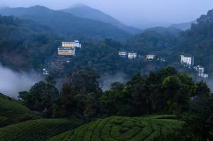 a misty valley with tea plantations and buildings in the hills at The Grand Cliff Resort Munnar in Viripara