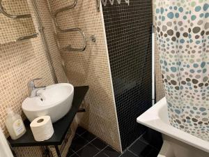 ストックホルムにあるBig apartment in Stockholm cityの洗面台とシャワー付きのバスルーム