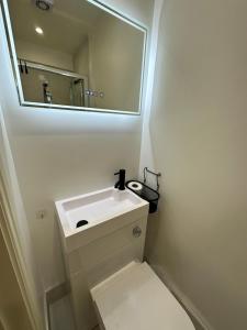 a white bathroom with a sink and a mirror at Tiny but private & best Location in London