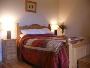 a bedroom with a large bed with two night stands at On Lakeshore with Horses, Jetty & Games Room in Boyle