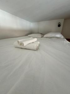 ein weißes Bett mit zwei gefalteten Handtüchern darauf in der Unterkunft Studio hypercentre Tassin La Demi Lune in Tassin-la-Demi-Lune