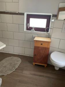 ein Bad mit einem WC, einem Waschbecken und einem Fenster in der Unterkunft Casita linda, am Donnersberg in Dannenfels