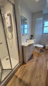 a bathroom with a shower and a sink and a toilet at Hawthorn Self Catering Cottages in Benderloch +68 photos
