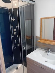 a shower with a glass door next to a sink at Chambre équipée in Languidic