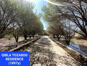 eine Kopfsteinpflasterstraße in einem Park mit Bäumen in der Unterkunft QiBLA TOZABOG in Xiva