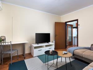 uma sala de estar com um sofá e uma televisão de ecrã plano em Marisan Seaview Apartment em Funtana
